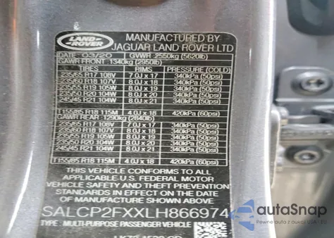 2020 Land Rover Discovery Sport Se из США, поврежденный, VIN SALCP2FXXLH866974